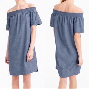 J Crew Chambray Off The Shoulders Shift Dress Short Sleeves Blue Sz 0